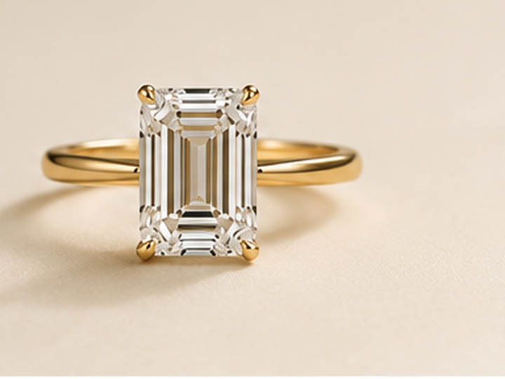 Emerald lab-grown diamond engagement ring on a warm ivory background.