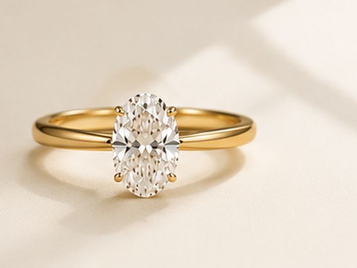 Oval lab-grown diamond engagement ring on a warm ivory background.