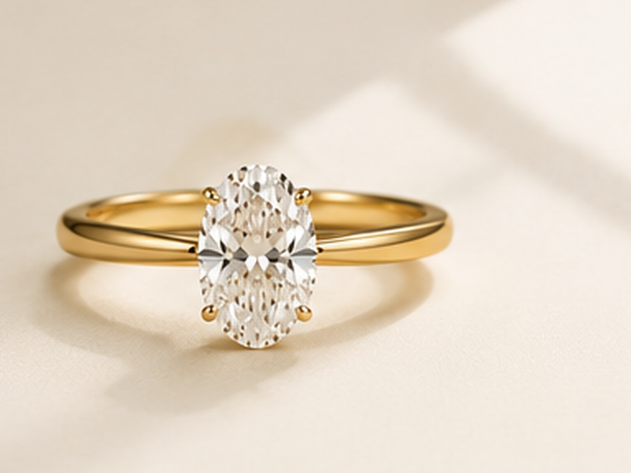 Oval lab-grown diamond engagement ring on a warm ivory background.