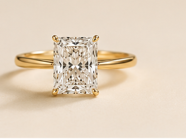 Radiant lab-grown diamond engagement ring on a warm ivory background.