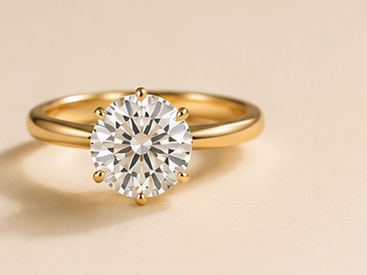 Round lab-grown diamond engagement ring on a warm ivory background.
