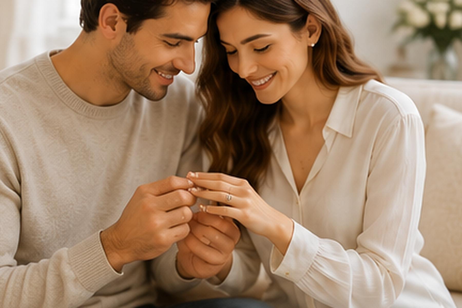 Modern couple choosing a lab-grown diamond engagement ring.