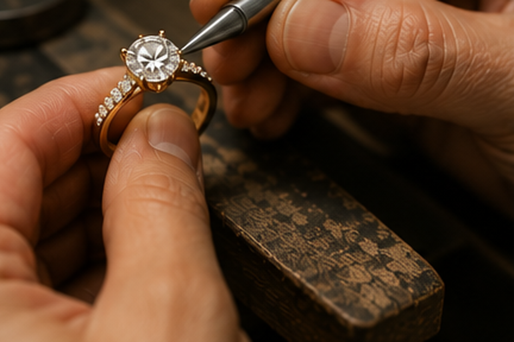 Jeweler setting a lab-grown diamond engagement ring.
