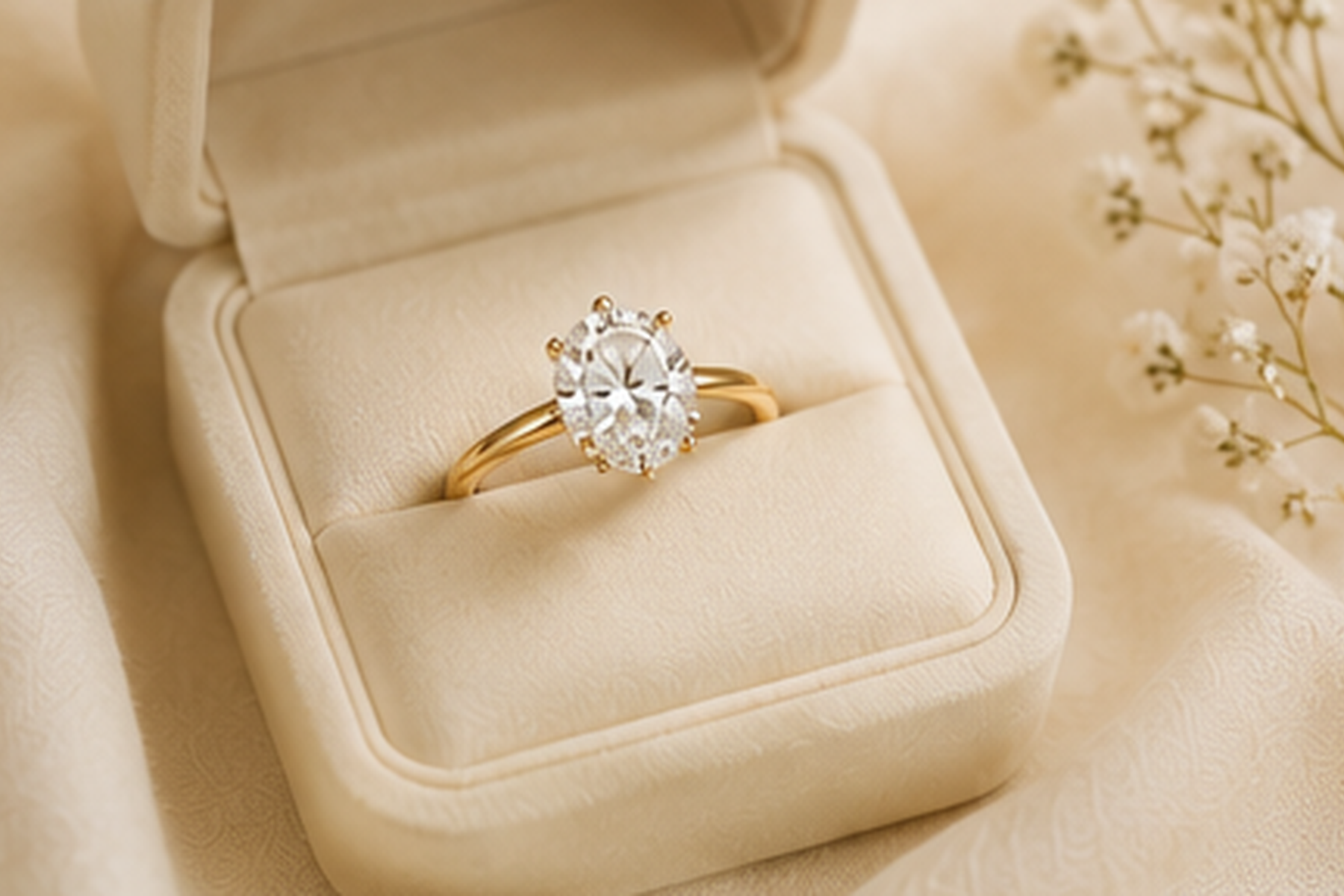 Lab-grown diamond engagement ring in an ivory jewelry box.